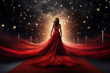 A woman in a gorgeous evening dress on the red carpet. - obrazy, fototapety, plakaty