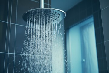 Water flowing from shower in the bathroom interior.