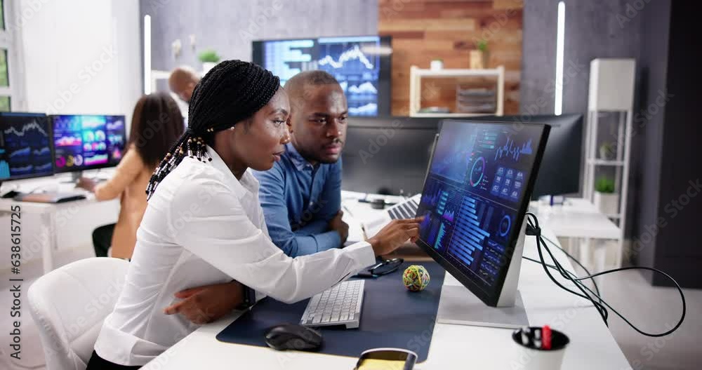 Poster african financial data analysts using dashboard on screens