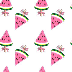 Natural Exotic Watercolor watermelon ice cream pattern on white background. Healthy vegan food. Delicious Organic eating.