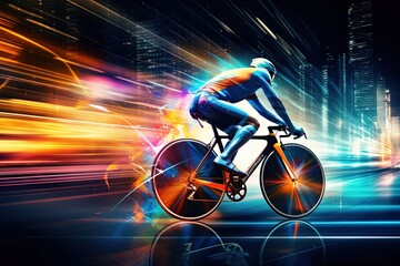 Bicycle racing fast with colorful light trails.