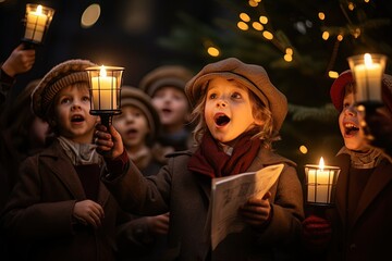 Group of children singing Christmas carols.