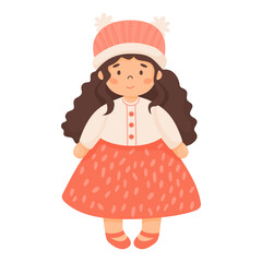 Children toy doll. Beautiful cute girl with long hair in dress and knitted hat. Vector illustration in cartoon style.