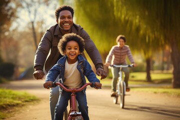Happy father teaches child son to ride bike.