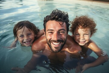 Happy father with kids smiling in a pool.