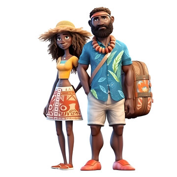 Couple of tourists with a suitcase on a white background. 3d rendering