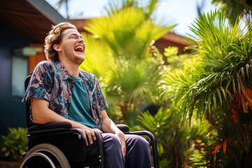 Laughing disabled man on a wheelchair.