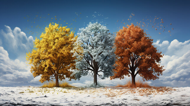 Union of seasons in a painting. Spring, summer, autumn and winter. Environment with the four seasons in one image.