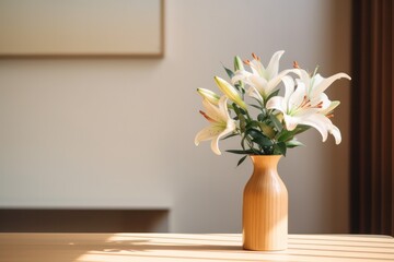 White lily flowers in a vase on a wooden table