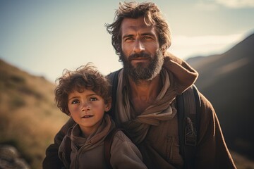 Abraham hiking up a mountain with his son Isaac, Bible story.