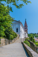 A view along the parade towards the cathedral above the town of Piran, Slovenia in summertime