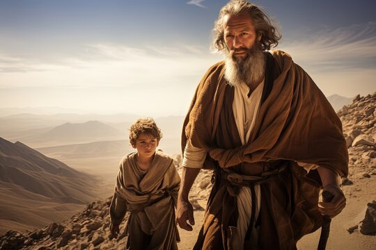 Abraham hiking up a mountain with his son Isaac, Bible story.