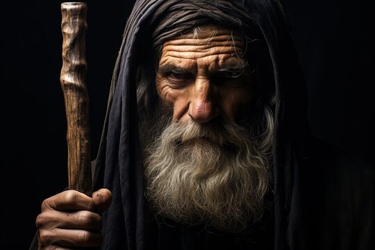 Portrait of biblical old man holding a stick in his hand.