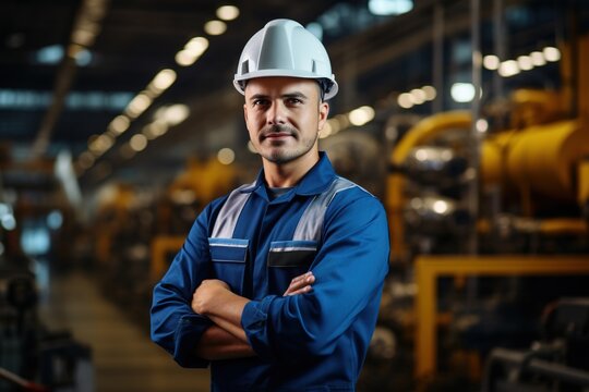 Industry maintenance engineer man wearing uniform and safety hard hat on factory.