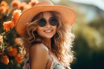 Pretty woman in summer wearing sunglasses and a hat.
