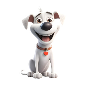 Cartoon dog with a heart on a white background. 3d illustration