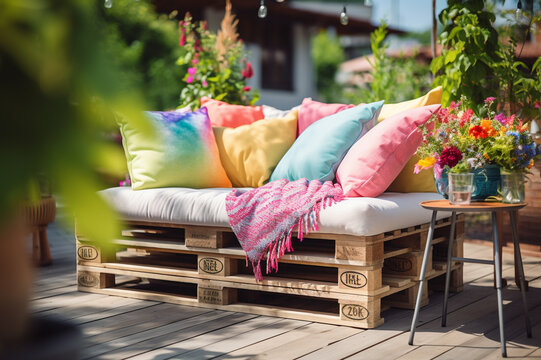 Cozy summer patio with DIY palette furniture and colorful pillows. Amazing low waste garden design.