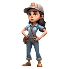 3D Render of Little girl with safari hat and overalls