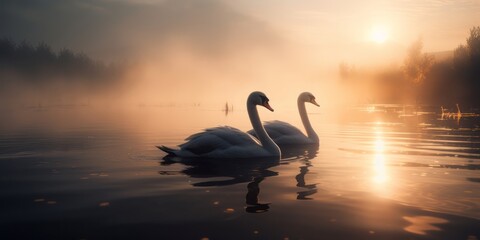 Mystical Waters: CGI Depiction of Black Swan Amidst Two White Swans in a Lake with Morning Fog Over Water, Amidst Sunset's Glow, Evoking a Serene Summer Fantasy