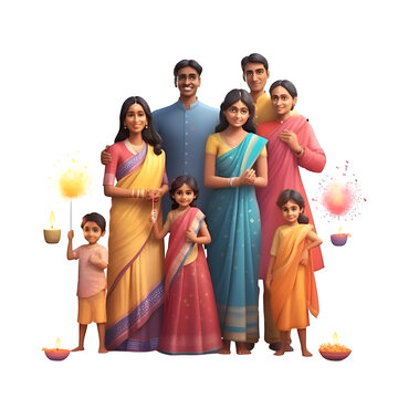 Indian family celebrating Diwali with diwali over white background