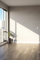 A living room with hardwood floors and a large window. Generative AI.