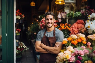 Smiling florist standing in front of a flower shop.