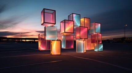 A group of glass cubes sitting in a parking lot. Generative AI.
