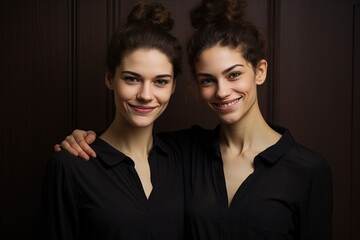 Smiling identical female twins. - obrazy, fototapety, plakaty