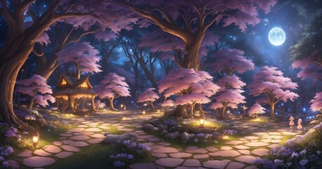beautiful fantasy forest at night