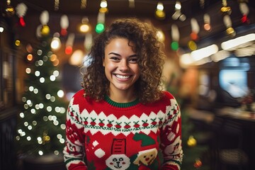 Smiling woman in ugly Christmas sweater. - obrazy, fototapety, plakaty
