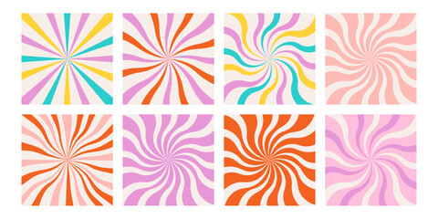 Abstract vintage colored sunburst background. Groovy backgrounds retro 70s style. Cute abstract vintage texture wallpaper. Hippie wavy vector. Colorful fun stripes in retro 1970s trendy design. 