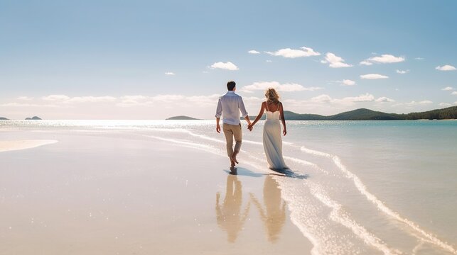 Romantic newlywed groom and bride couple holding hands in beach at midday, AI generated image