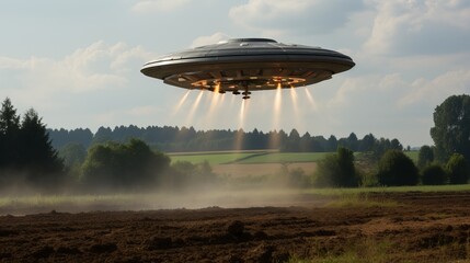 An unidentified flying object hovered in the sky. Space flying saucer with lights. An alien UFO visits the earth. Aliens from another planet. Generative AI
