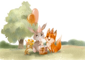 Make a wish illustration. Cartoon baby birthday artwork. Watercolor forest friends party. Cute rabbit celebrating birthday. 