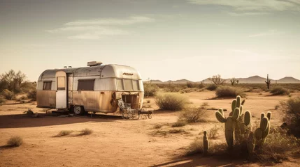 Deurstickers Schipbreuk Old style retro caravan abandoned in the desert with sand and cactus. Generative AI