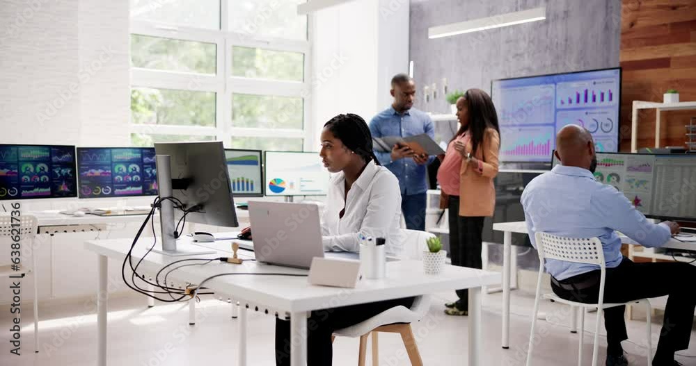 Poster african financial data analysts using dashboard on screens