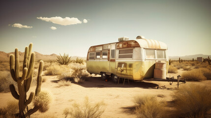 Obraz premium Old style retro caravan abandoned in the desert with sand and cactus. Generative AI