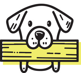 Cute Dog Holding a Wooden Banner Title line art vector 