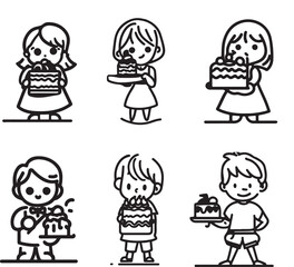 Girl and Boys with cake line art vector 