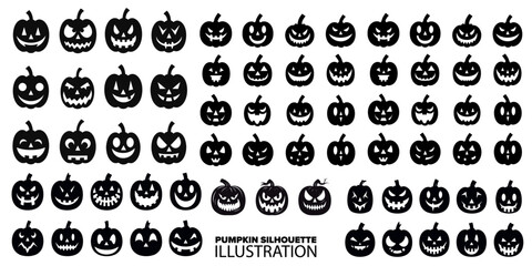 Fototapeta na wymiar Pumpkins Silhouette Collection Set: Vector Illustrations of Spooky Black Horror Pumpkins for Halloween Graphics - Transparent Background, PNG, Vector