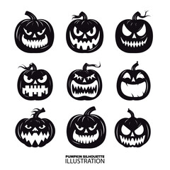 Horror Pumpkin Vector Illustrations: Spooky Black Silhouettes Collection Set for Halloween Graphics. - Transparent Background, PNG, Vector
