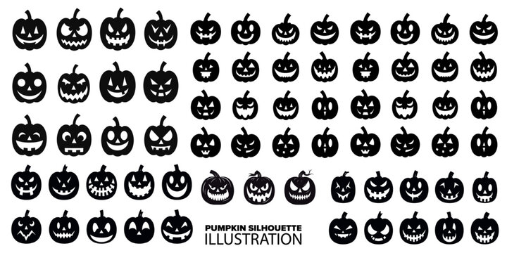 Pumpkins Silhouette Collection Set: Vector Illustrations of Spooky Black Horror Pumpkins for Halloween Graphics - Transparent Background, PNG, Vector