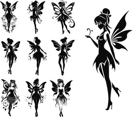 Cute Fairies silhouette collection, Little fairies set. Hand drawn vector illustration