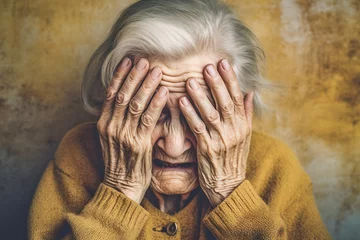 Türaufkleber Alte Türen Sad desperate elderly woman with hands on her face