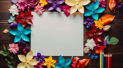 Back to school. The white frame is surrounded by plastic flowers and colored pencils. Generative AI