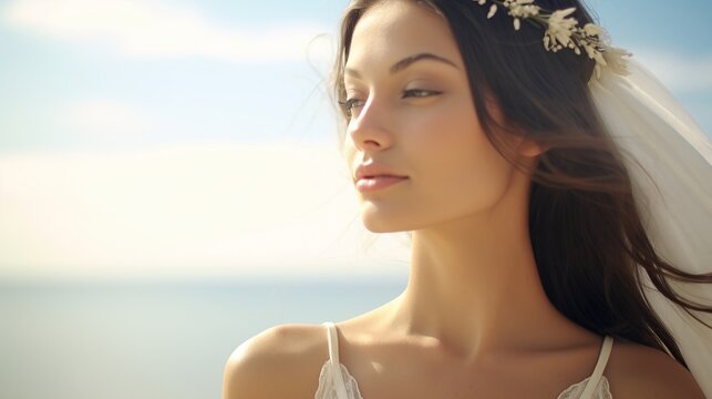 Beautiful bridal in beach at midday clean sky, AI generated image