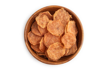 Slices of dehydrated salted meat chips isolated on  white, top view