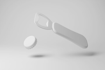 White bottle cap and bottle opener floating in mid air on white background in monochrome and minimalism. Illustration of the concept of bottled drinks - obrazy, fototapety, plakaty