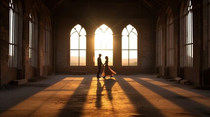New groom and bride couple holding hands kissing romantic in indoor of building at sunset, AI generated image
