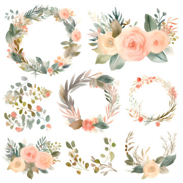Watercolor floral wreaths set. hand painted isolated on white background